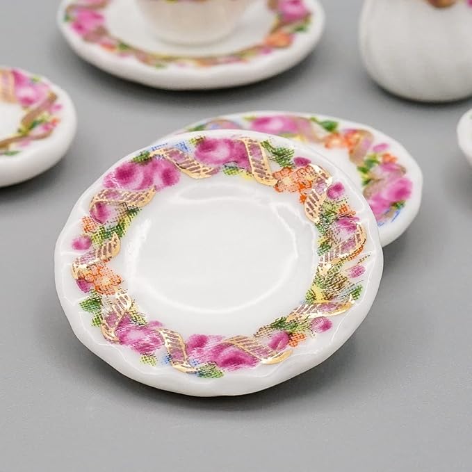 Odoria 1/12 Miniature Porcelain Tea Set 15Pcs Dollhouse Decoration Accessories, Wreath