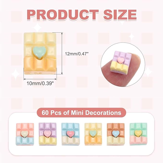 Mini Cute Square Heart Chocolate Decor, Miniature Doll Food Crafts for Dollhouse & Landscape & Mini Kitchen & Micro Fairy Garden & DIY Craft Decorations(Light Colors, 60pcs)