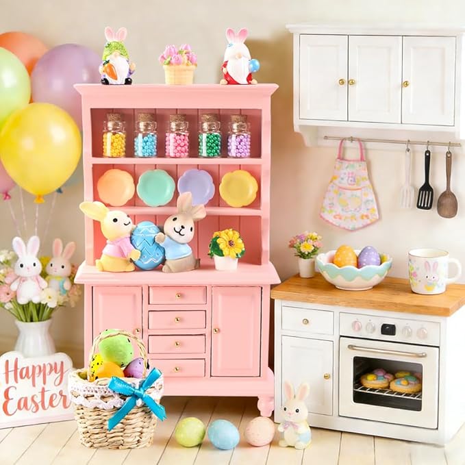 Celltestria 38Pcs Easter Dollhouse Miniatures Decorations 1:12 Scale Mini Pink Wooden Bookshelf Furniture Set Tiny Bottles Flowers Table Chairs Rabbits Eggs Easter Spring Decor