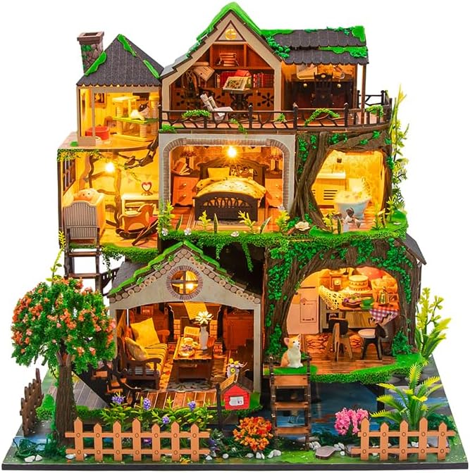 Yuzhen DIY Miniature Dollhouse with Furniture and LED Lights, Wooden Dollhouse Includes Dustcover and Music Movement, Delicate Home Decor