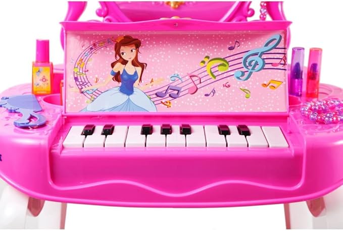 DIMPLE 2-in-1 Musical Piano Vanity Set Girls Toy Makeup Accessories Working Piano, Flashing Lights, Big Mirror, Pretend Cosmetics, Hair Dryer, Princess Image Appears in Mirror(7 AA Batteries Included)