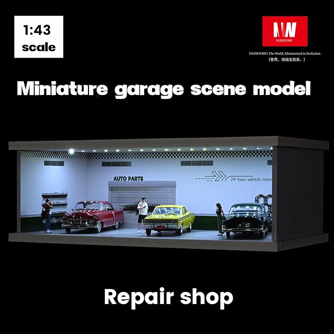 1/43 Diorama Display Case with Tri-Colour Dimmable Lighting, Fits for Hot Wheel Matchbox Mini GT Diecast Cars Model,1:43 Car Garage Parking Lot Scene Display Storage (Repair Shop)