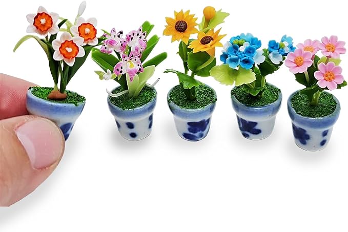 WitnyStore Tiny 1½" High 5 Pieces Set Mix Sunflower Orchid Hydrangea Zinnia - Hand Made Artificial Flowers Colorful Miniature Realistic Clay Flower Plant Pots Blooming House Plants Indoor Decoration