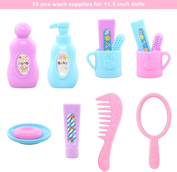BARWA 43 PCS Doll Accessories Travel Toiletries Clip Bag Crown Necklace Comb Camera Rubber Band for 11.5 inch Doll Xmas Gift…