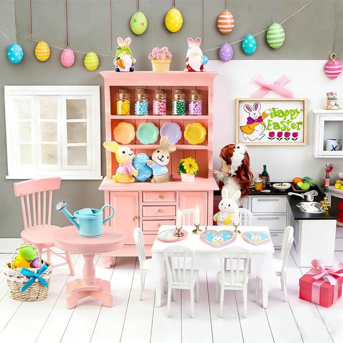 Celltestria 38Pcs Easter Dollhouse Miniatures Decorations 1:12 Scale Mini Pink Wooden Bookshelf Furniture Set Tiny Bottles Flowers Table Chairs Rabbits Eggs Easter Spring Decor