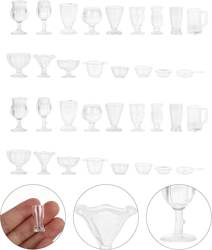 34pcs Miniature Cups 1/17 Dollhouse Miniature Wine Glass Drink Cups Set Miniature Ice Cream Cup Drinking Glasses Dollhouse Kitchen Accessories
