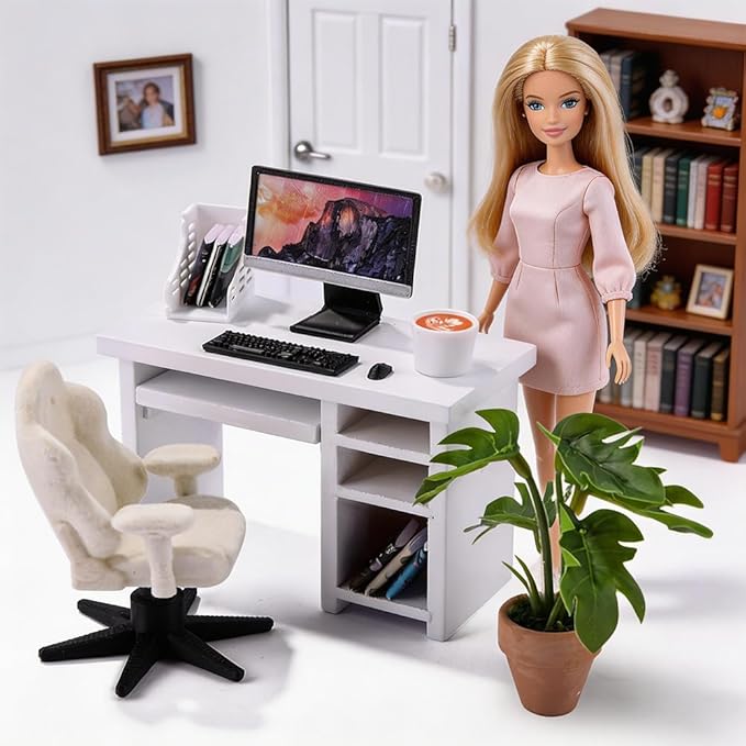 DIYDEC 1:12 Scale Miniatures Office Desk Set 14pcs Dollhouse Office Including Mini Computers Desks Office Chair Keyboard Mouse Folder Books Potted Plants for Tiny Stuff Dollhouse Figurines