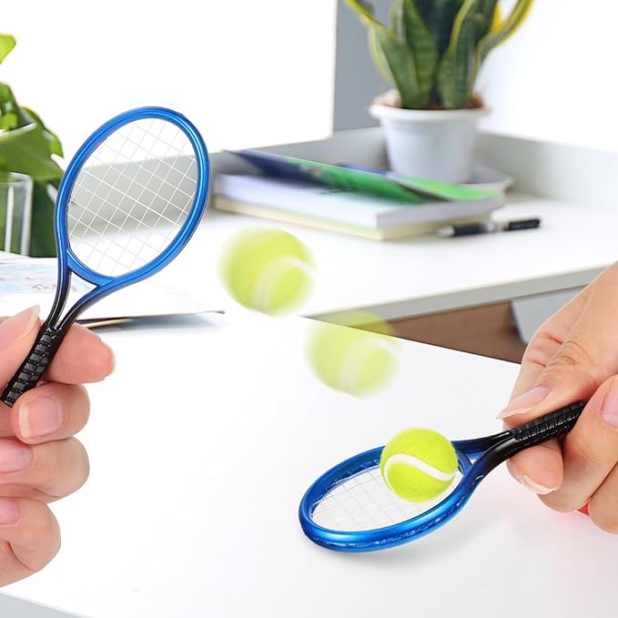 Kisangel 4 Sets Mini Tennis Rackets, Baby Tennis Racket and Balls Miniature Cake Topper Decorations Keychain Kit Dollhouse Toy for Sports Equipment