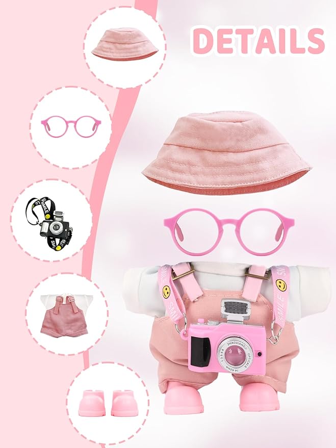 17cm Doll Clothes Set, Hat & Overalls & Shirt & Shoes & Glasses & Camera Set for 17cm Accessories Suit, Stylish Dolls Clothes Accessories, Cute Clothes for Dress up Unique Style (Light Pink)