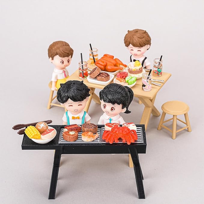 1/12 Scale Mini Realistic BBQ Grill and Picnic Table Model Set, Food-Play Props, Prentend-Play Accessory Set (Table and Chair + Grill + Figure + Food Items)