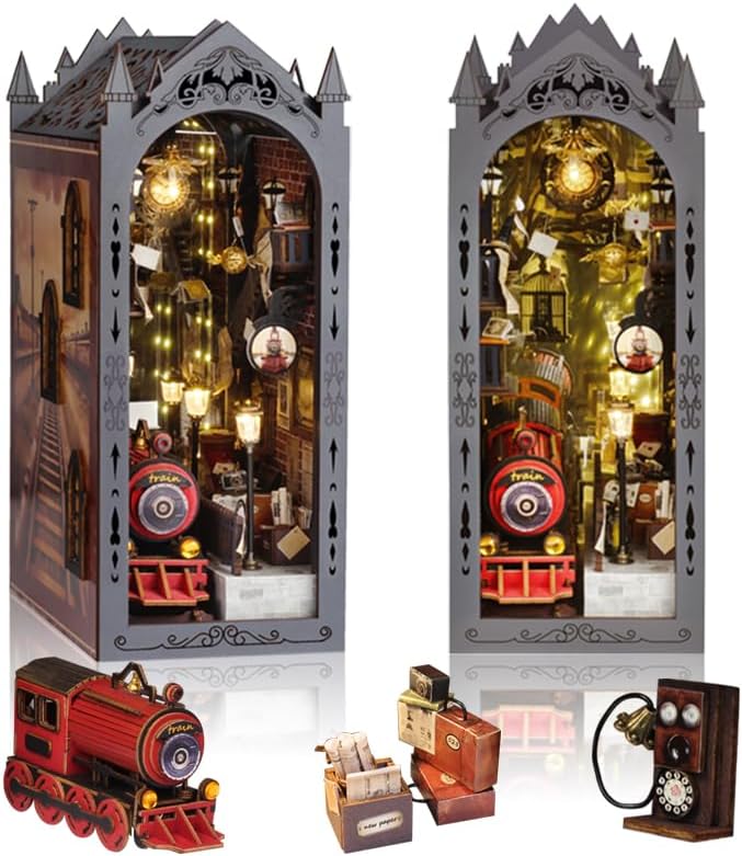 DIY Book Nook Kit, Miniature Dollhouse Booknook Kit with Light, Bookend Bookshelf Decor for Christmas Day, Best Gift for Family, Friends, Magic Train Station