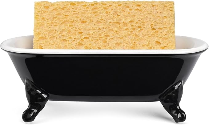 NEWHENGS 6.5" Ceramic Mini Decorative Clawfoot Bathtub Bar Soap Dish, Kitchen Sponge Holder and Shower Tray for Bathroom, 1 Pack(Black)