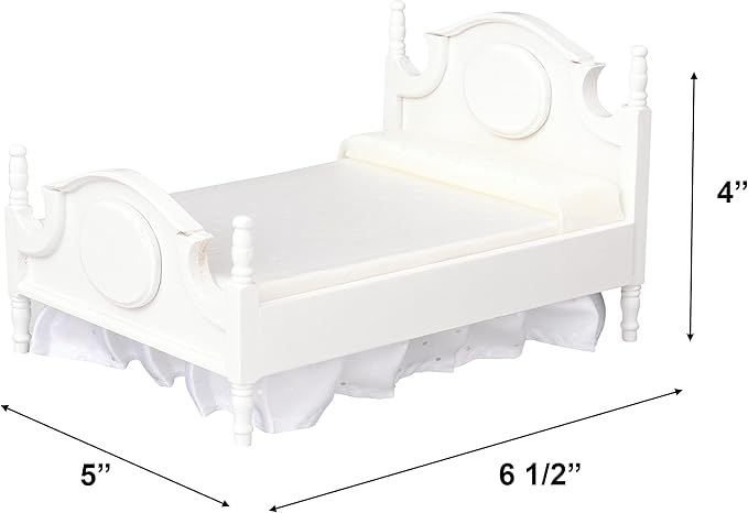 Dollhouse Furniture mini Bed Set, Realistic Bedroom Accessories for 6 inch Dolls, Decorative Grey Bedspread & Pillows, White Wooden Frame, 1/12 Scale