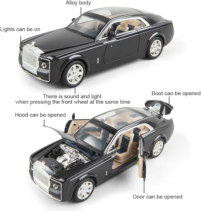 EROCK 1/24 Rolls-Royce Sweptail Toy Car Alloy Diecast Collectible Model Car for Kids Gift, Pull Back Toy Car with Sound and Light, Classic Double Door, Car Logo Can be Folded, Sweptail Black