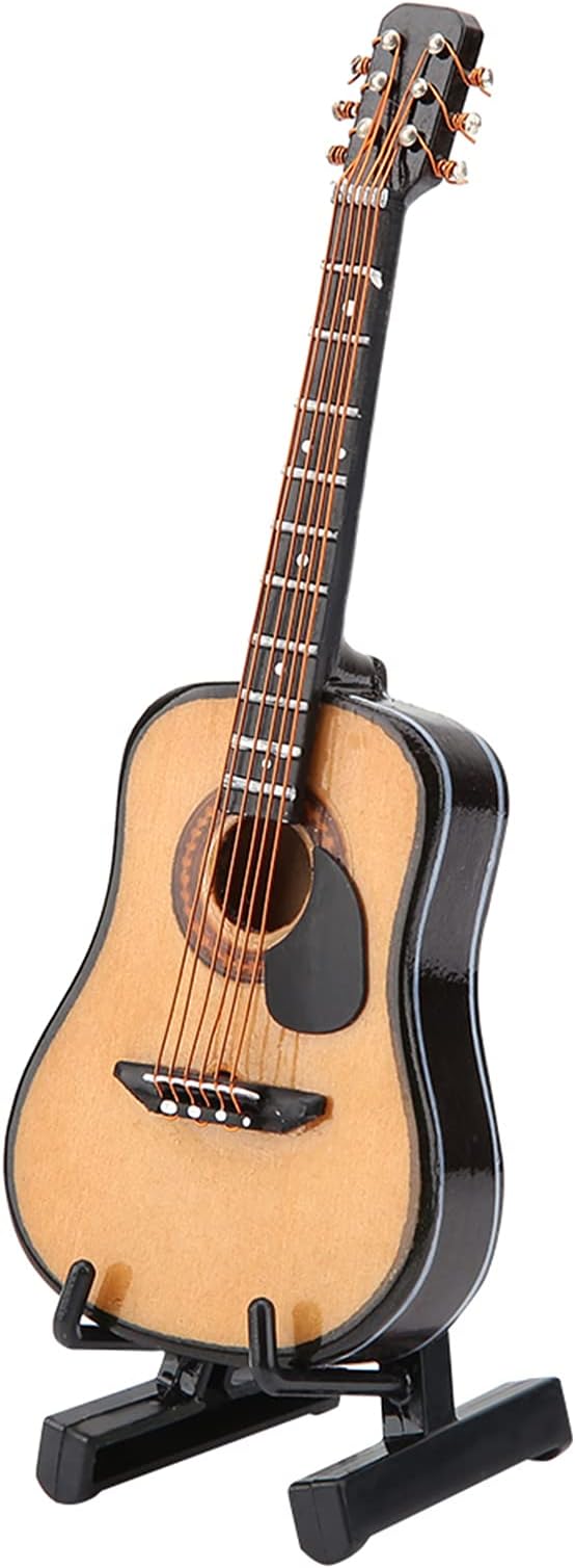 Miniature Guitar Model, Wooden Mini Guitar with Stand and Case, 3.95in Dollhouse Guitar, Musical Instrument Model Home Decor(10CM) (Pack of 2)