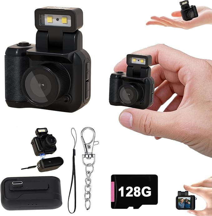 Gsnagole Retro Snap Camera，Mini Nostalgic Vintage View Tiny Snaps Keychain Digital Photo Camera，Llavero Mini CáMara Retro，1080p Hd with Led Flash Light (128G)