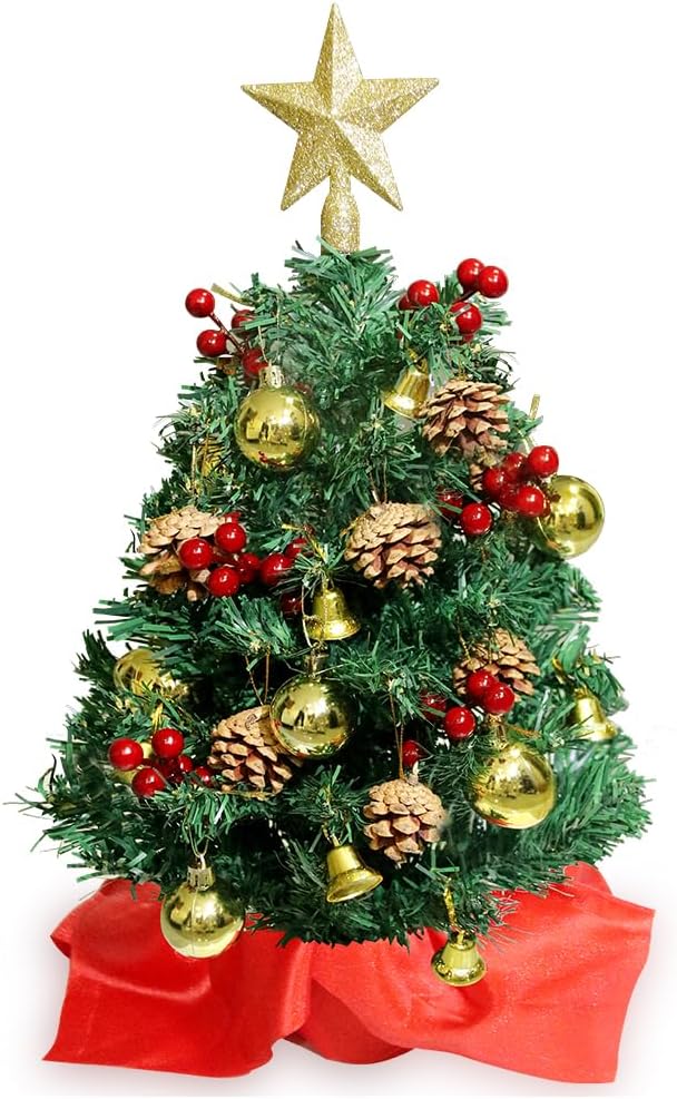24 Inch Mini Christmas Tree with Lights 2ft Small Christmas Tree with Star Christmas Table Decorations for Bedroom, Home, Office, Holiday Party Decor