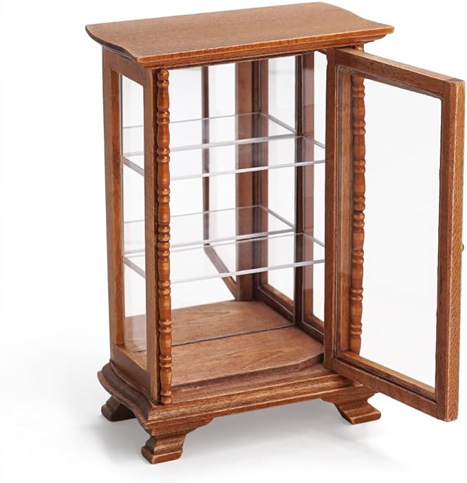 Odoria Dollhouse Display Cabinet Miniature: 1/12 Scale Mirrored Storage for Vintage Living Room - Mini Brown Curio Cabinets - Tiny Wood Furniture