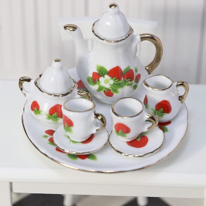 Cutemini 1:6 Scale Miniature Porcelain Dollhouse Tea Set 8PCS Flower Pattern Teapot Platter Dish Sets Dollhouse Kitchen Supplies Decoration (Strawberry)