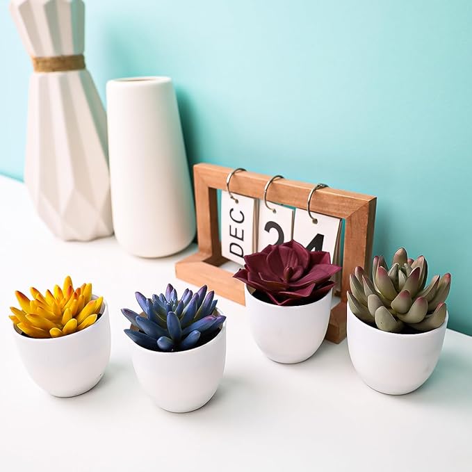 Gresorth 4 Pack Artificial Succulents Plant Decoration in Pots Fake Aloe Purple Ornament Faux Yellow Mini Potted Display for Kitchen Party