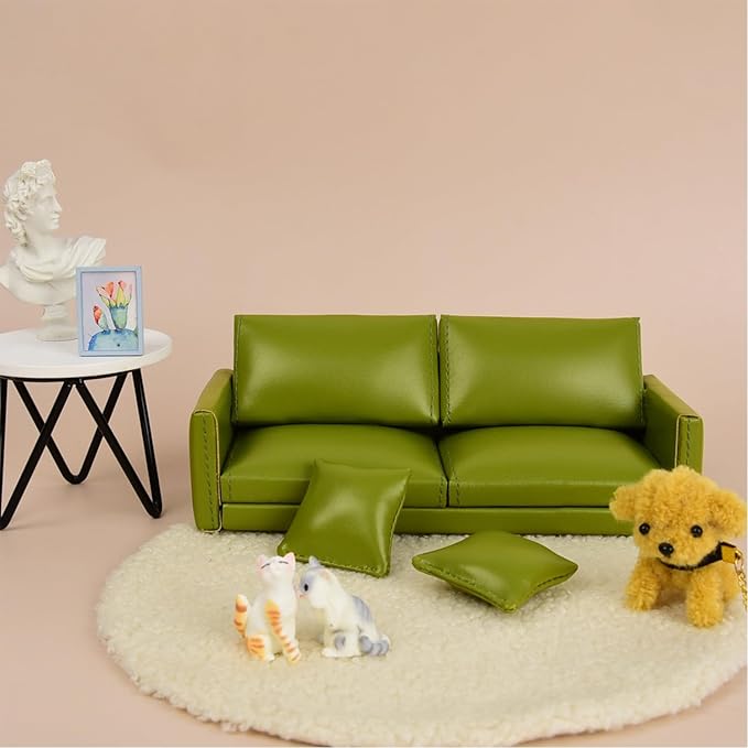 Minamzee 1:12 Dollhouse Leather Couch, Miniature Modern Double Sofa with Pillows, Dollhouse Luxury Couch Furniture Accessories for Living Room Bedroom (Pink)