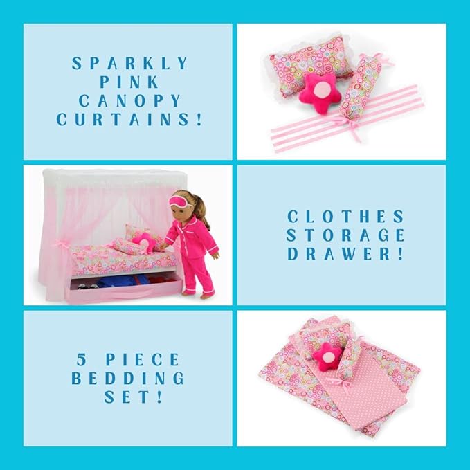 Emily Rose 18" Doll Princess Canopy Bed - White Wood with Pink Tulle Curtains, 5-PC Bedding Set & Storage Drawer - Fits American Girl Dolls - Royal Bedroom Furniture