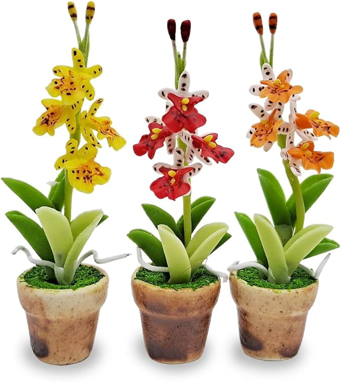 WitnyStore Tiny 2" High 3 Pieces Set Yellow Red Orange Orchid - Hand Made Artificial Flowers Colorful Miniature Realistic Modelling Clay Flower Plant Pot Blooming House Plants Home Indoor Decoration