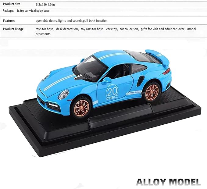 Toy Cars 911 GT3 RSR Turbo S Style,1:32 Alloy Diecast Model Car,Pull Back Cars with Light and Sound, Sports Race Car for Boys Age 4-7 Gifts Blue