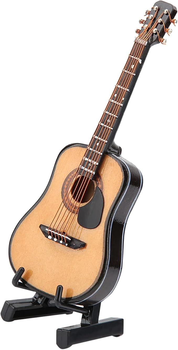 Wooden Miniature Guitar with Stand and Case ,Mini Guitar Collectible Figurines Dollhouse Miniatures, Lovely Musical Instrument Display Model (3.9"x1.5"x0.5")