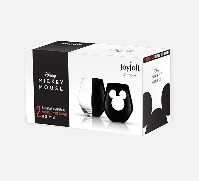 JoyJolt Disney Luxury Mickey Mouse Stemless Wine Glasses Set. 2x European Crystal Glass Drinking Glasses. Premium Xmas Stuff, Gifts and Cups. 20oz Black Wine Glass, Disney Wine Glass