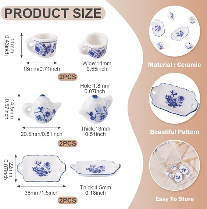 6Pcs Ceramic Tea Set Decorations Blue and White Porcelain 3D Miniature Model Ornaments Tea Cup Teapot Tray Plate Dollhouse Micro Landscape Decoration Garden Home Decor Accessories