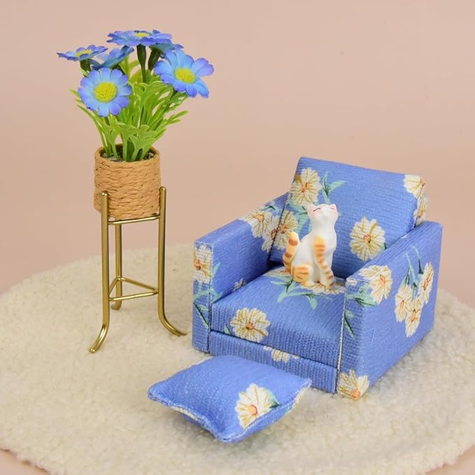 Funky Mini Home Miniature Dollhouse Cordurey Armchair with Pillow - 1:12 Scale Blue Floral Furniture Set Dollhouse Decor Accessories & Perfect Birthday (Blue)