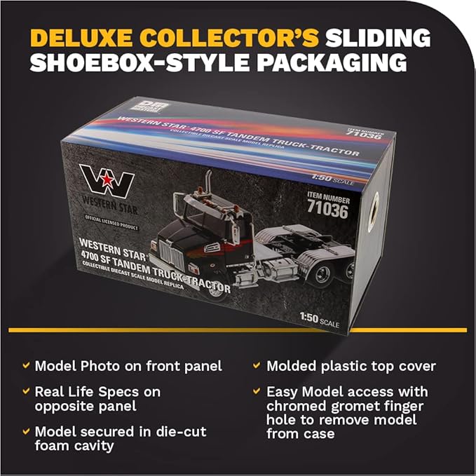 Diecast Masters Western Star 4700 SF Tandem Truck-Tractor - Metallic Black | Real Truck Specifications 1:50 Scale Model Semi Trucks by 71036