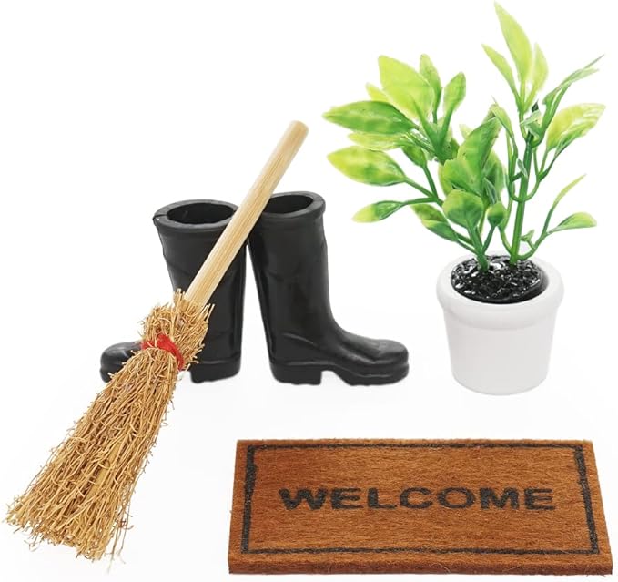 Odoria 1/12 Miniature Rubber Boots Plants Welcome Mats Doormat Broom Dollhouse Decoration Accessories