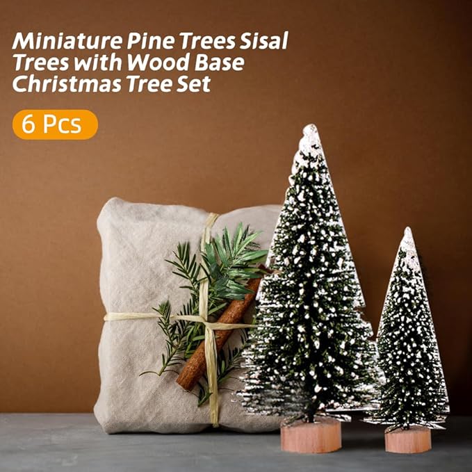 Yahpetes Miniature Christmas Tree 6 Pcs Pine Trees Sisal Trees Snow Frost Ornaments with Wooden Bases for Miniature Scenes, Christmas Crafting and Designing, Mixed Size