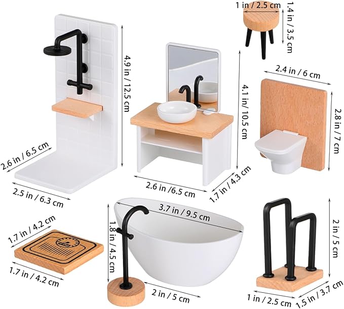 1set Dollhouse Miniature Bathroom Accessories Furniture Bathroom Set with Shower Room Decor Toilet Sink Bath for Dollhouse Mini Bathtub Toilet