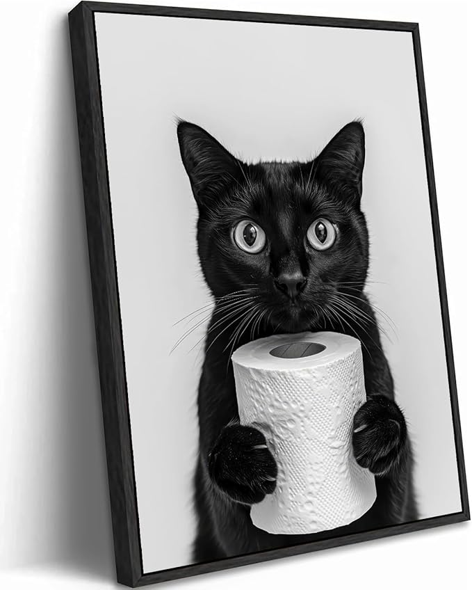VPUQWGKE Bathroom Black Cat Wall Art Cute Black Cat Holding Toilet Paper Picture Wall Decor Funny Animal Painting Artwork Black and White Print for Bathroom Toilet Home Decoration 8x10in Black Frame