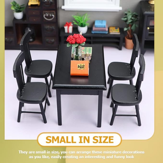 Black Chairs 5Pcs Miniature Table and Chairs, Mini Dining Table Set for 4, Doll House Black Wooden Miniature Furniture and Accessories Furniture