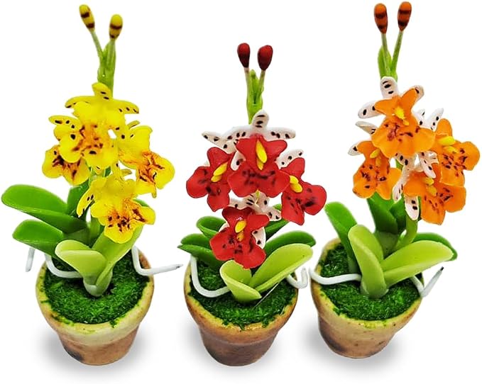 WitnyStore Tiny 2" High 3 Pieces Set Yellow Red Orange Orchid - Hand Made Artificial Flowers Colorful Miniature Realistic Modelling Clay Flower Plant Pot Blooming House Plants Home Indoor Decoration