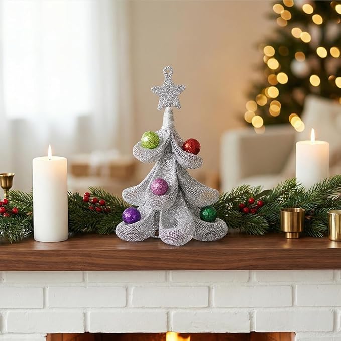 XMIAOX Mini Metal Christmas Tree, 5.9" Handcrafted Wire Mesh Tree Tabletop Hanging Ornament with Star Tree Topper & Colorful Glitter Balls, Sparkling Holiday Decoration for Desk, Shelf & Home Décor
