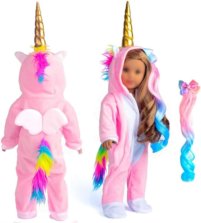 sweet dolly 18 Inch Doll Clothes Unicorn Onesie Pajamas Rainbow Color Hair Bow Clips Costume Fits 18 Inch Doll (Doll Not Included)