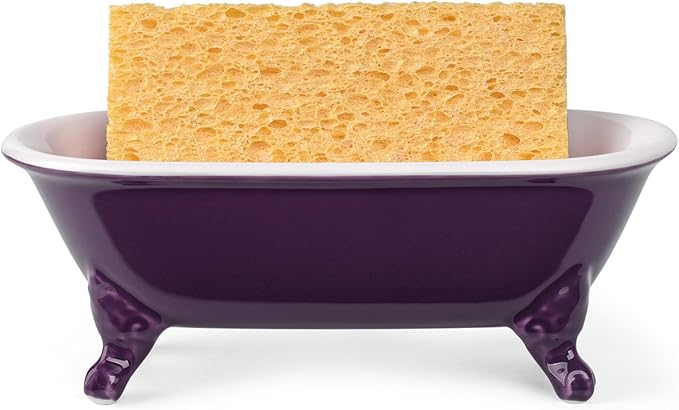 NEWHENGS 6.5" Ceramic Mini Decorative Clawfoot Bathtub Bar Soap Dish, Kitchen Sponge Holder and Shower Tray for Bathroom, 1 Pack(Plum)
