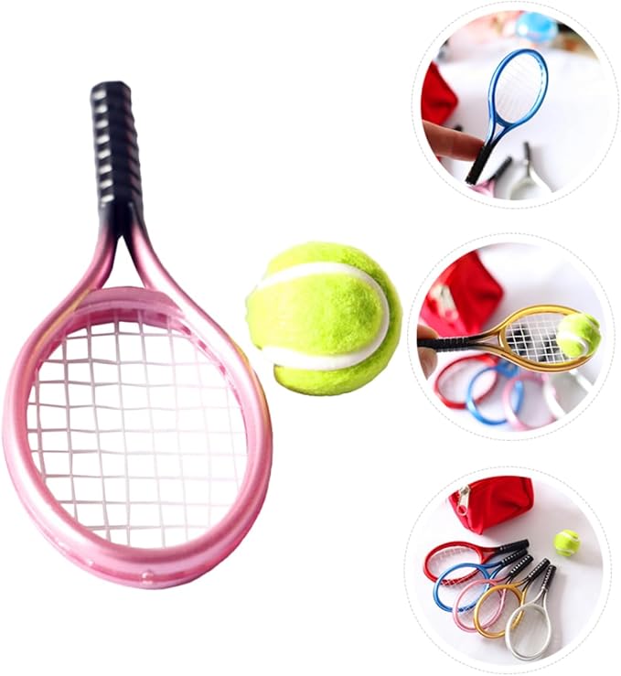 Kisangel DIY Mini House Decor Mini Tennis Racket and Ball Model Random Color Durable Lightweight Tennis