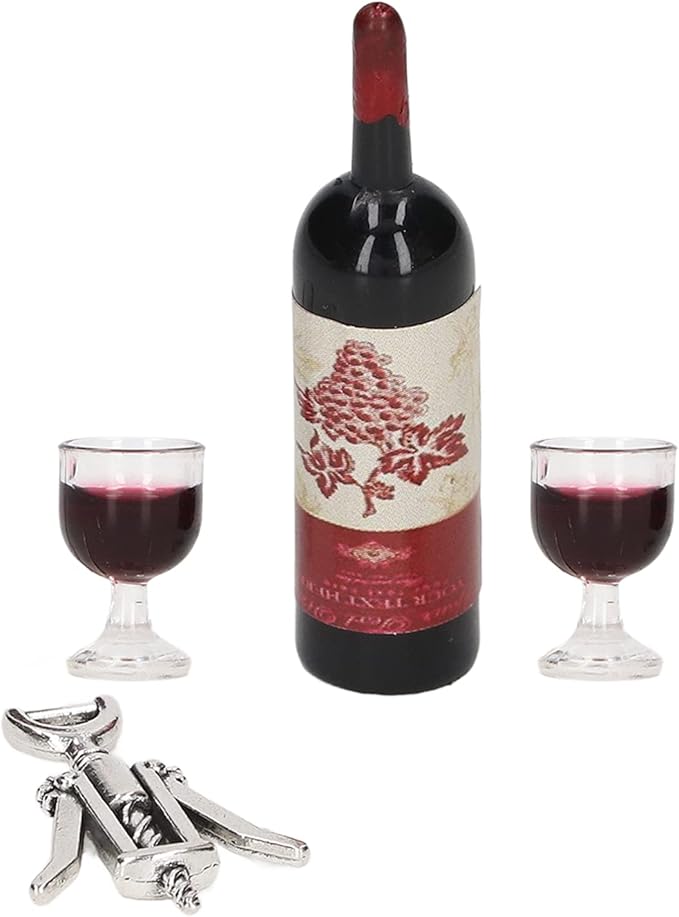 KIMISS Doll House Red Wine Set 1/12 Scale Simulation Red Wine Bottles & Glass Bottle Opener Mini Doll House Decoration