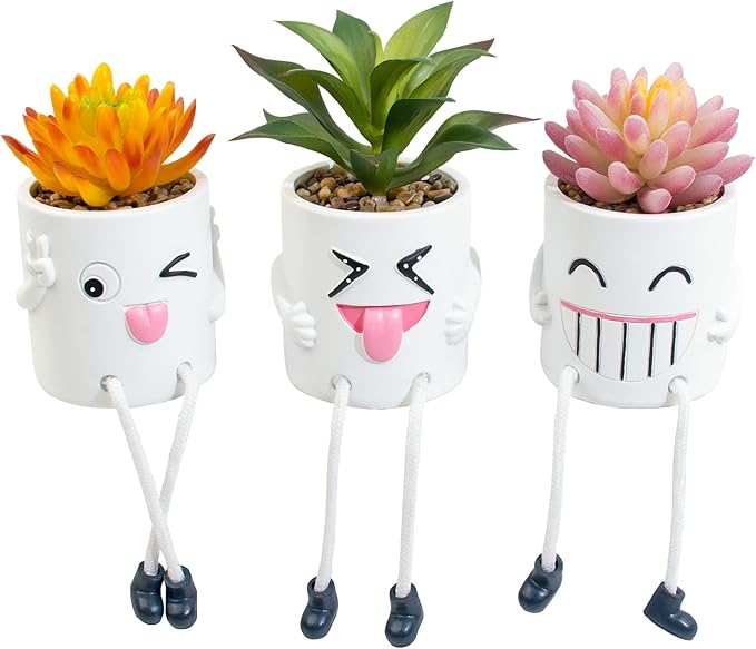 LUZOGA 3 Pcs Cute Fake Plant Mini Potted Succulents with Hanging Leg White Pot Creative Artificial Succulent Plants in Funny Pot Faux Succulents for Home Office Shelf Desk Decor and Gift Choice