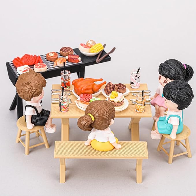 1/12 Scale Mini Realistic BBQ Grill and Picnic Table Model Set, Food-Play Props, Prentend-Play Accessory Set (Table and Chair + Grill + Figure + Food Items)