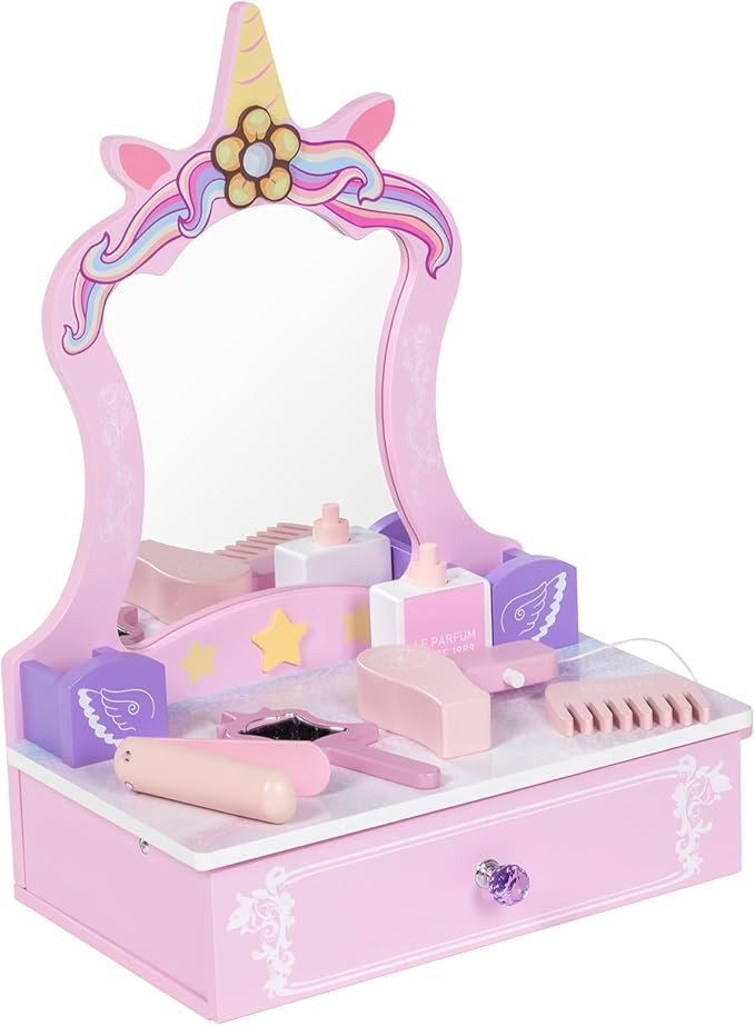 BRINJOY Wooden Vanity Set for Kids, Toddler Tabletop Beauty Salon Play Set w/Accessories & Drawer, Princess Makeup Pretend Play Vanity Table Toy with Mirror for Little Girls Age 3-8