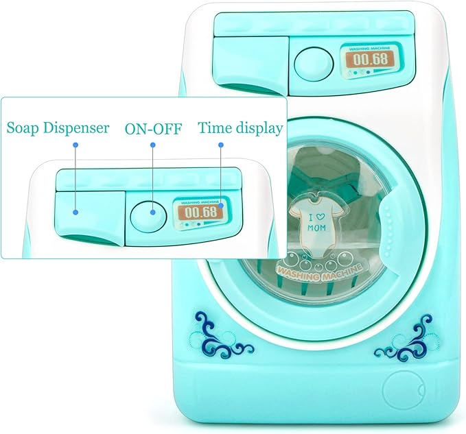 deAO Washing Machine Toy for Kids Dollhouse Furniture Pretend Play Household Appliance Realistic Sounds with Lights Laundry Play Set with Rotatable Roller for Boys Girls
