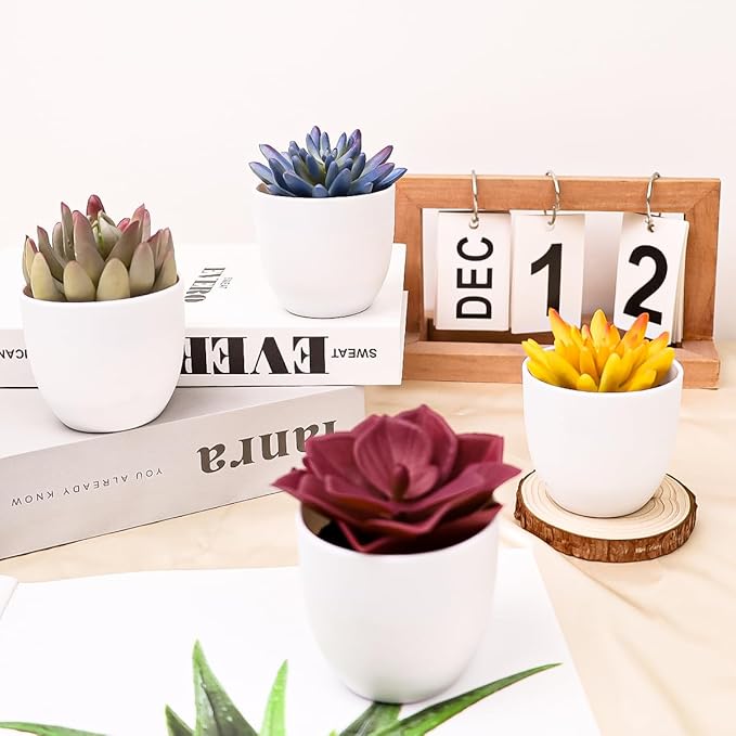 Gresorth 4 Pack Artificial Succulents Plant Decoration in Pots Fake Aloe Purple Ornament Faux Yellow Mini Potted Display for Kitchen Party