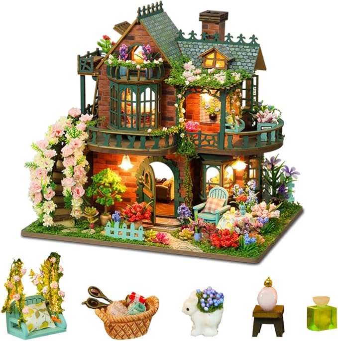 DIY Miniature Dollhouse Kit Dollhouse Handcrafted Wooden Miniature House with LED Light for Adults Unique Gifts for Teens (Fairy Garden)